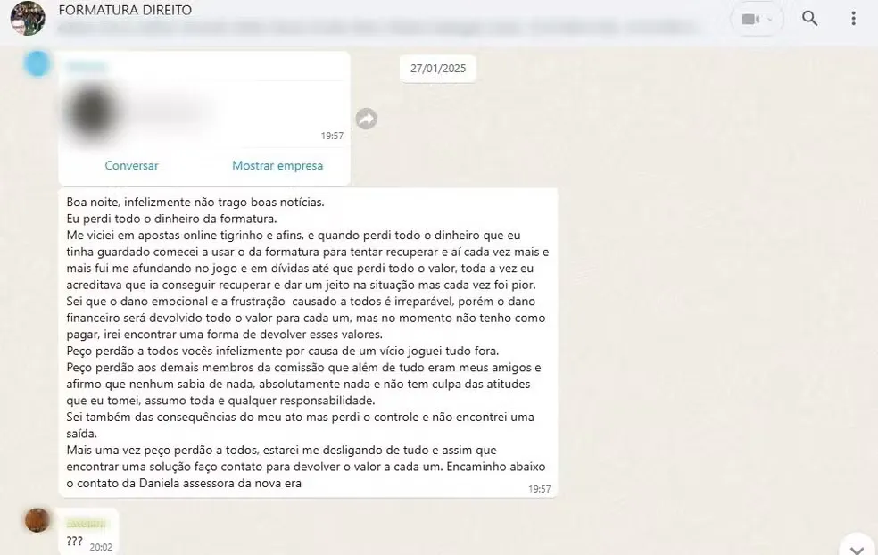 Na mensagem, Cláudia assume a responsabilidade e diz que 