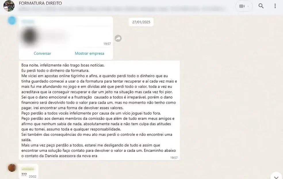 Um print de uma conversa do WhatsApp