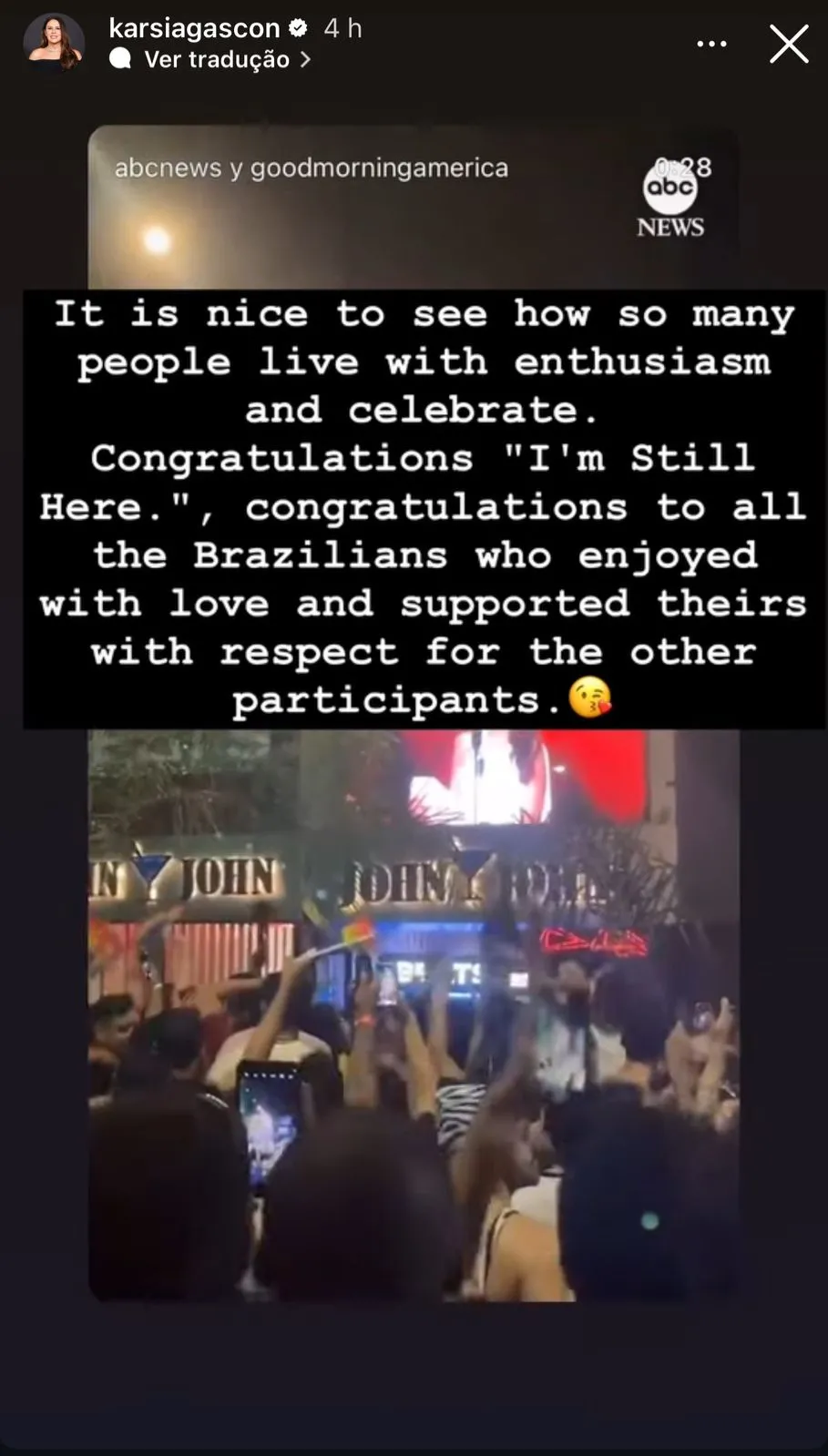 Karla Sofía Gascón parabeniza “Ainda Estou Aqui” ao compartilhar vídeo de brasileiros celebrando o Oscar
