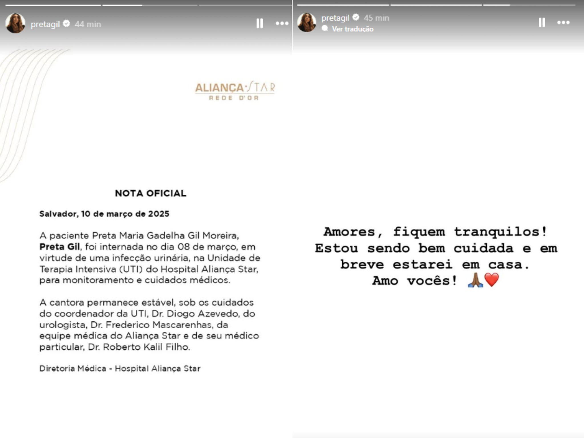 Publicações no perfil oficial da Preta Gil no Instagram