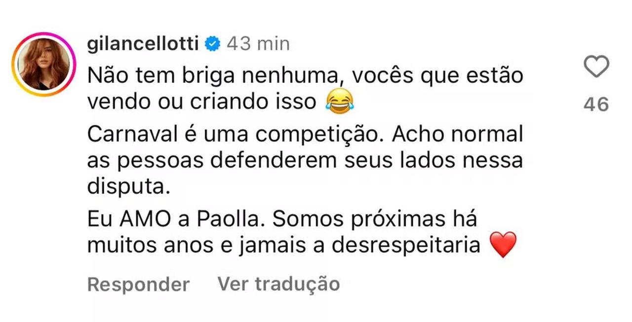 Comentário de Giovanna Lancelotti sobre Carnaval, defendendo a amizade com Paolla Oliveira, destacando a competição e a normalidade das disputas entre as pessoas. Reflexão sobre o Carnaval como um evento competitivo. Giovanna Lancelotti expressa seu amor por Paolla, enfatizando a proximidade e o respeito entre elas.