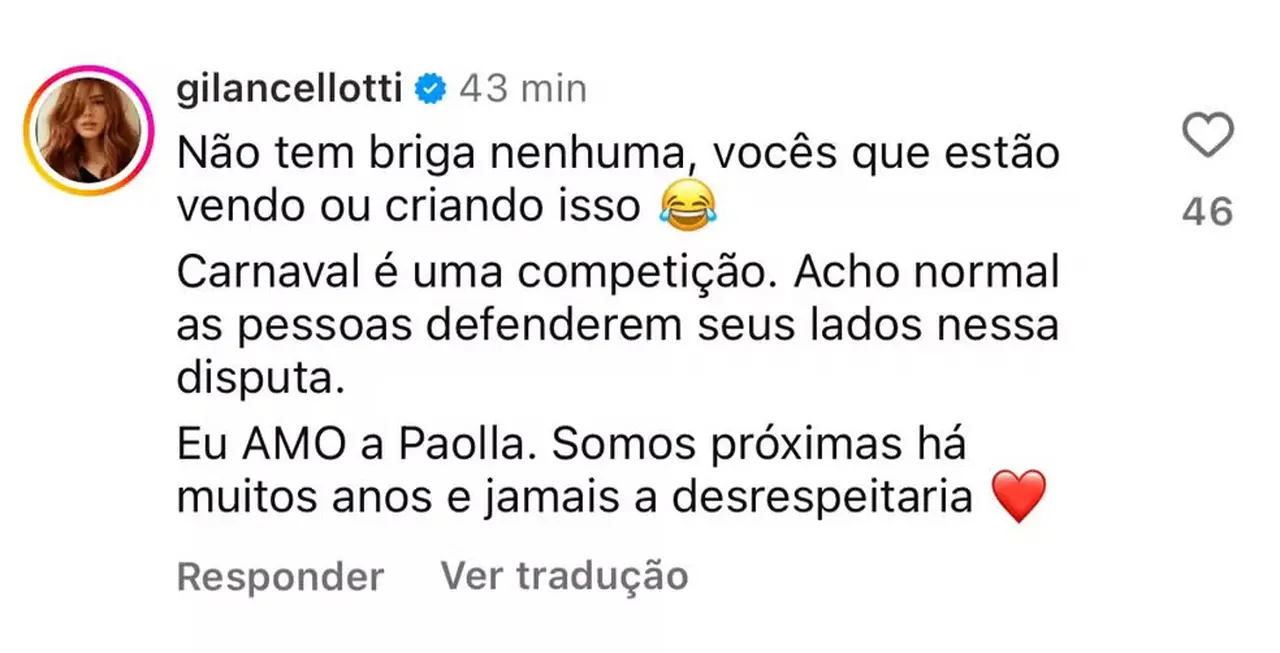 Comentário de Giovanna Lancelotti sobre Carnaval, defendendo a amizade com Paolla Oliveira, destacando a competição e a normalidade das disputas entre as pessoas. Reflexão sobre o Carnaval como um evento competitivo. Giovanna Lancelotti expressa seu amor por Paolla, enfatizando a proximidade e o respeito entre elas.