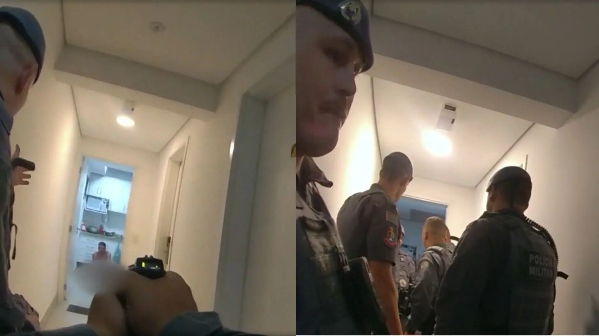 Imagem mostrando policiais em uma operação em um corredor, com foco em ações de segurança pública e presença policial em áreas urbanas.