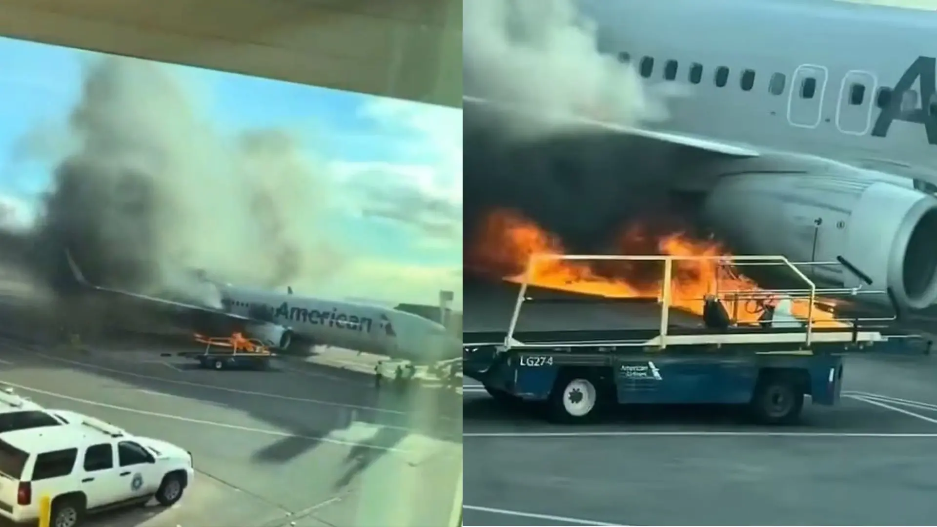 Incêndio no aeroporto envolvendo um avião da American Airlines, com fumaça e chamas visíveis, enquanto equipes de emergência respondem à situação.