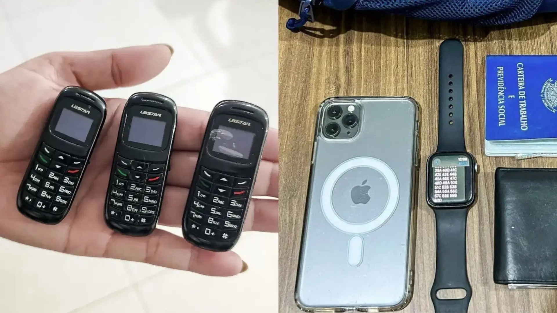 Imagem mostrando uma mão segurando três celulares simples e um conjunto de itens tecnológicos que inclui um smartphone moderno, um smartwatch, um carteira e documentos.