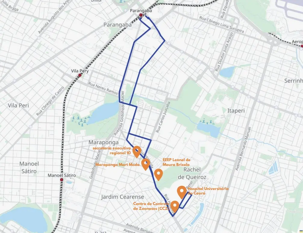 Mapa da região de Parangaba e Maraponga, destacando pontos importantes como escolas e centros de saúde, ideal para planejamento urbano e mobilidade.
