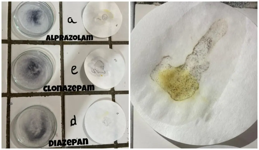 Montagem com duas imagens de testes realizados durante a criação da caneta para identificar benzodiazepínicos em bebidas, mostram as reações entre os reagentes e as substâncias