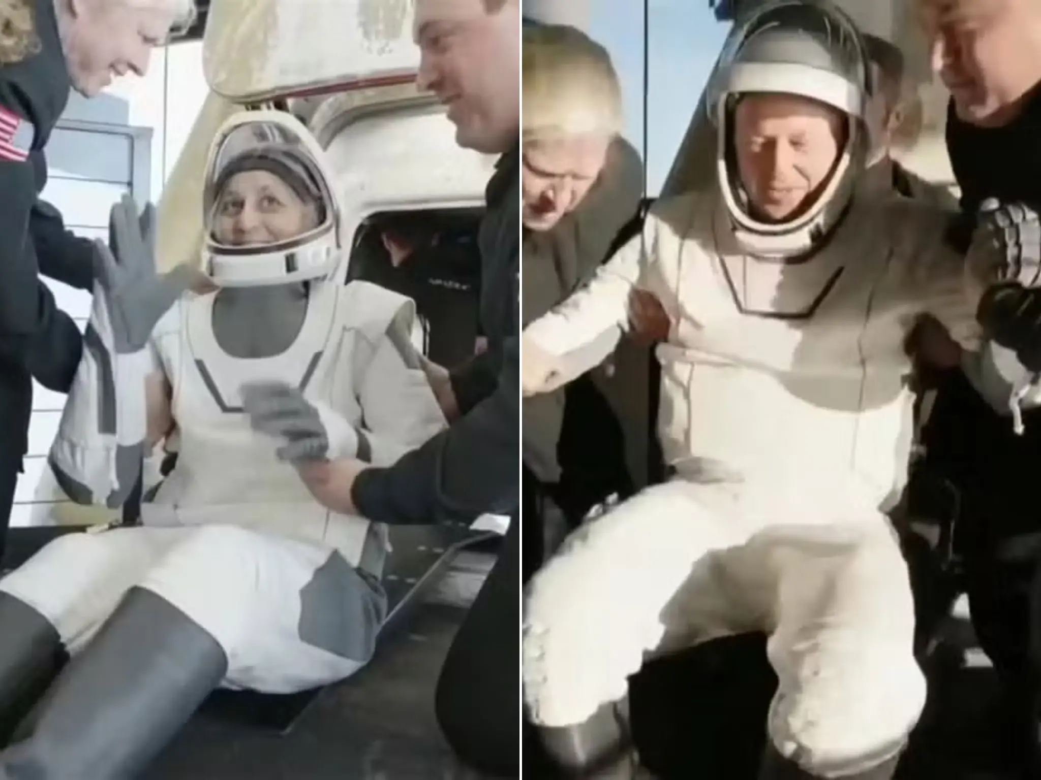Suni Williams e Butch Wilmore recebem auxílio de equipes na saída da cápsula Crew Dragon após pouso