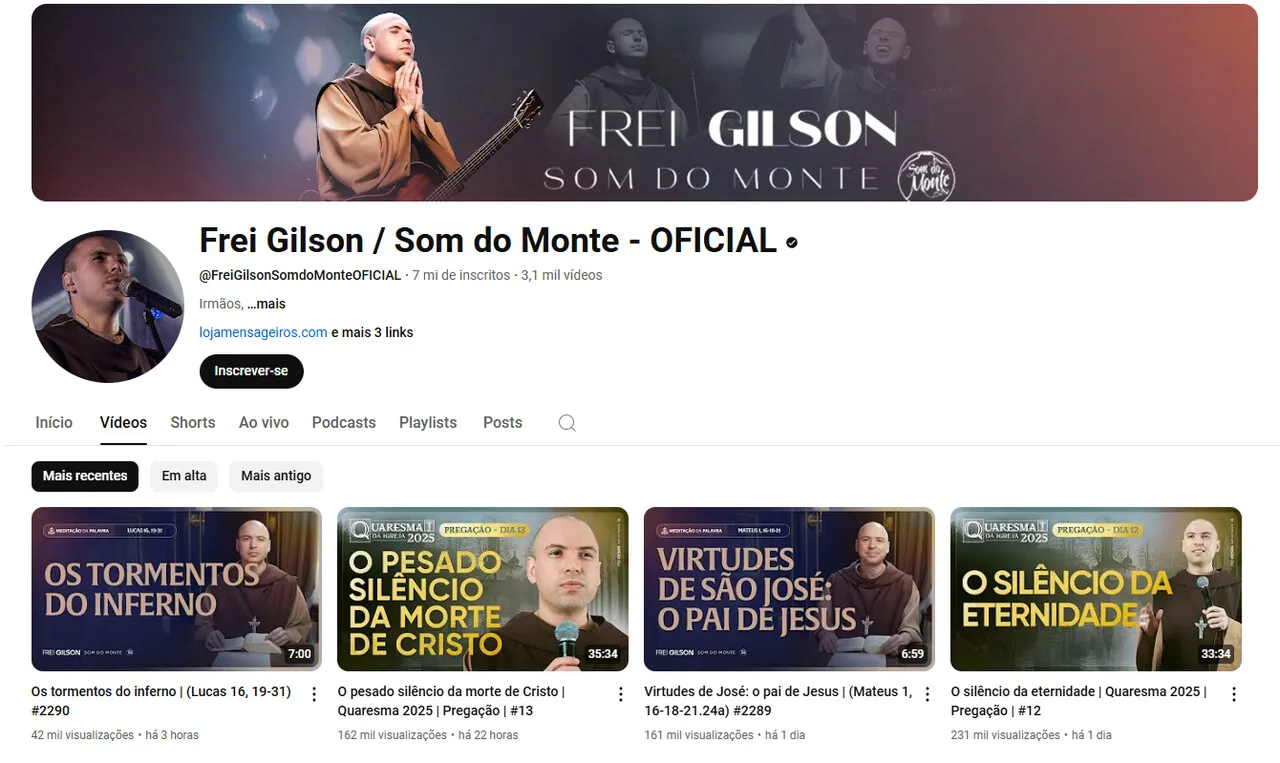 Até esta quinta-feira (20), o católico já acumula 7 milhões de inscritos no canal.