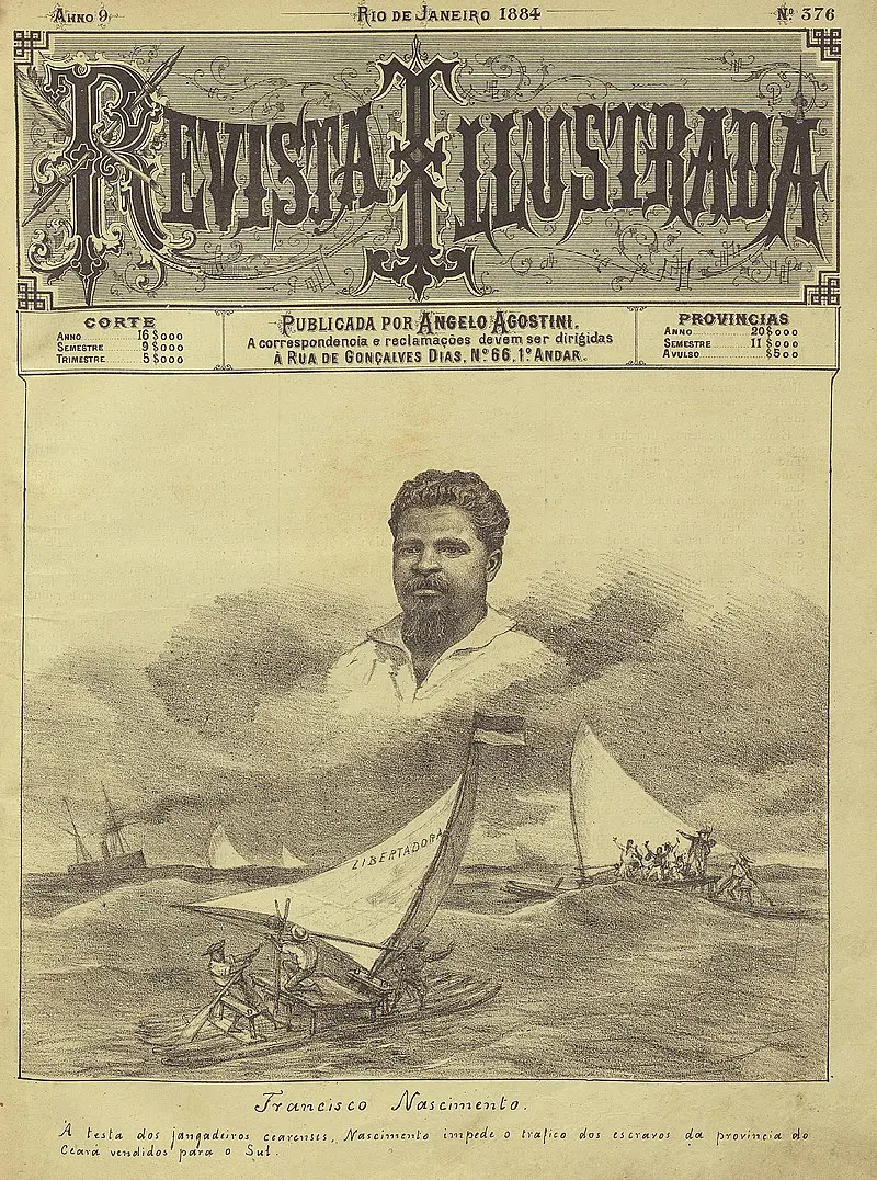 Imagem da Revista Ilustrada de 1884 retratando Francisco Nascimento, um importante líder na luta contra o tráfico de escravizados no Brasil.