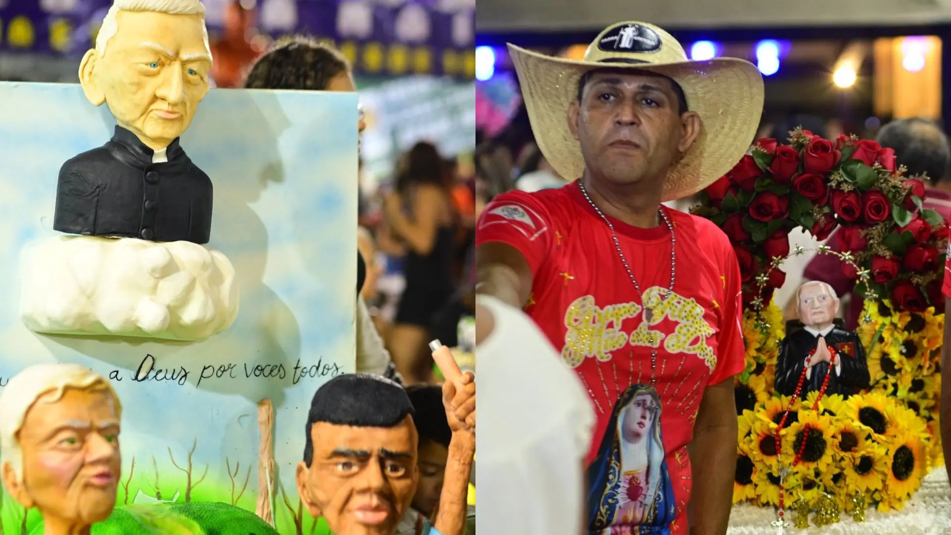 Imagens de figuras de barro e um homem com chapéu em meio a celebrações religiosas do Padre Cícero, destacando a cultura e a fé popular brasileira.