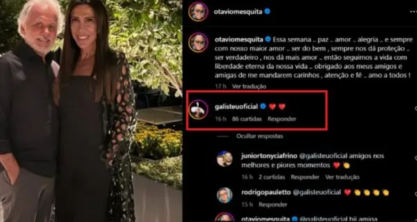 Recorte de imagem de rede social em que mostra o post de Otávio Mesquita com a esposa e os comentários