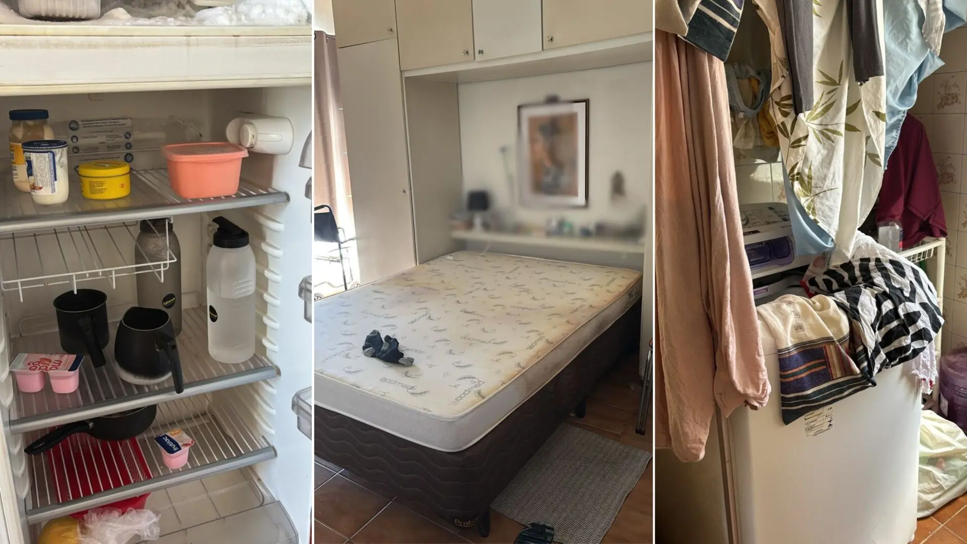 Imagem mostrando um ambiente doméstico desorganizado, com geladeira, cama e roupas penduradas, representando a vida cotidiana e a falta de organização