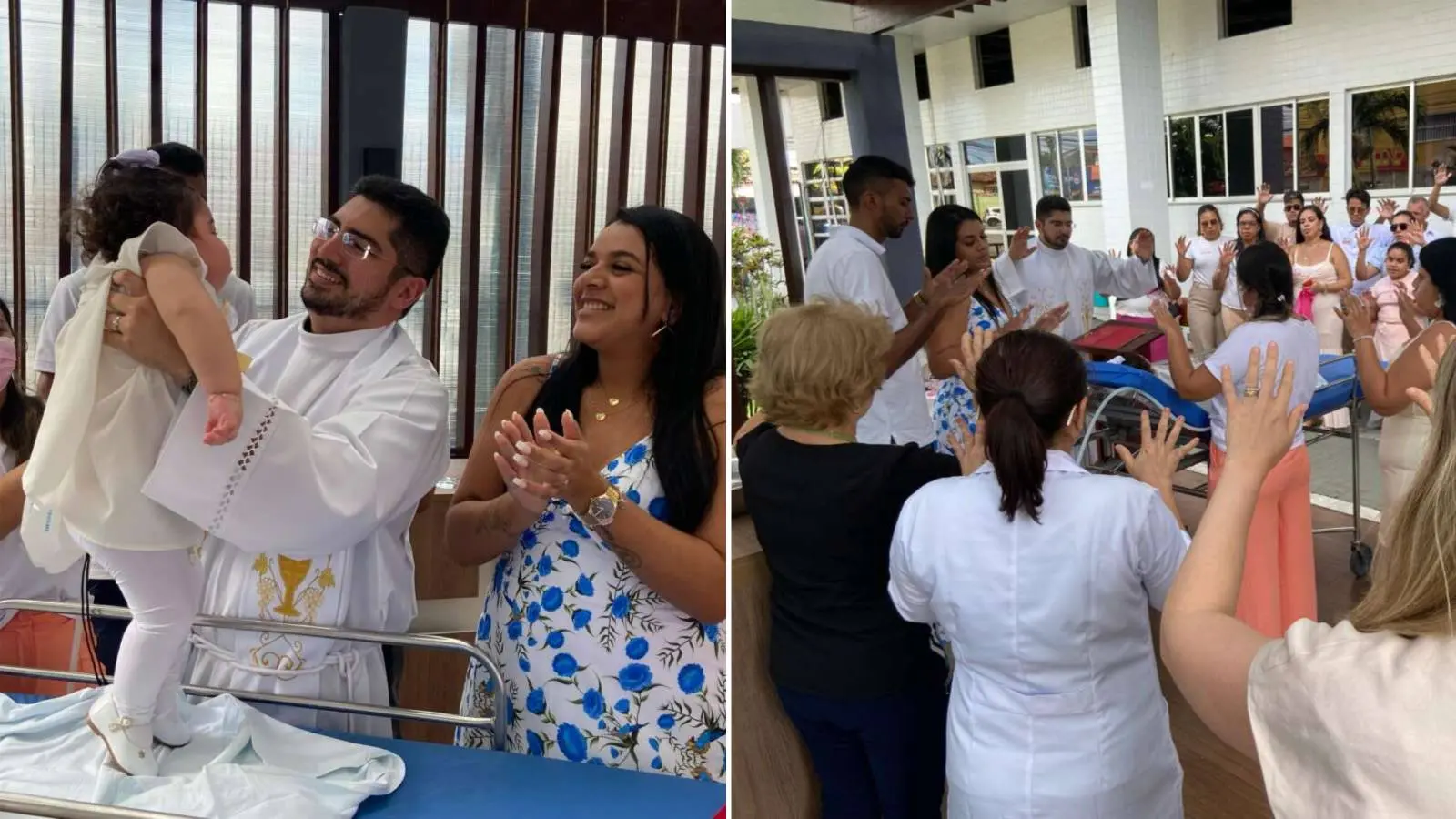Colagem mostram duas imagens registradas em batizado de criança de 1 ano internado no Hospital Infantil Albert Sabin (Hias), em Fortaleza. Bebê internada há meses ganha cerimônia de batizado em hospital público de Fortaleza