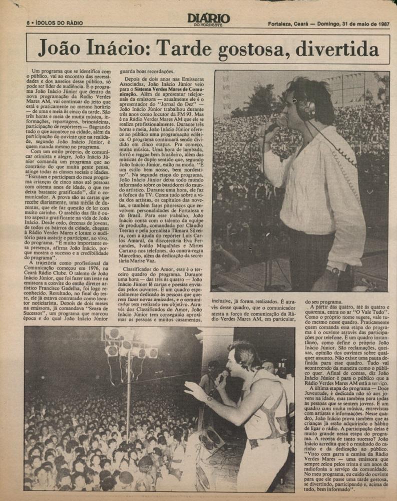 Edição de maio de 1987 do Diário do Nordeste destacava o sucesso de João Inácio Júnior por meio dos 