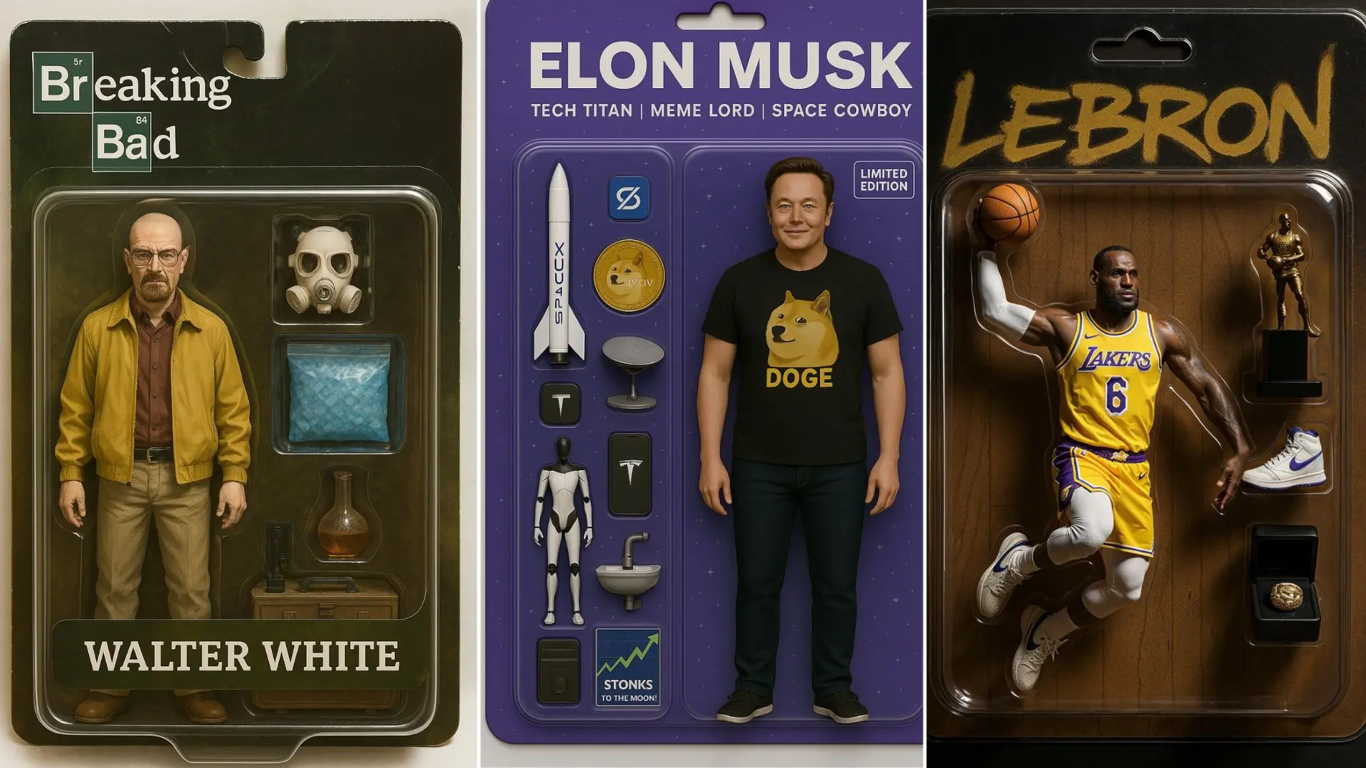 Imagem de figuras de ação de Walter White, Elon Musk e LeBron James, destacando personagens icônicos da cultura moderna e suas representações.