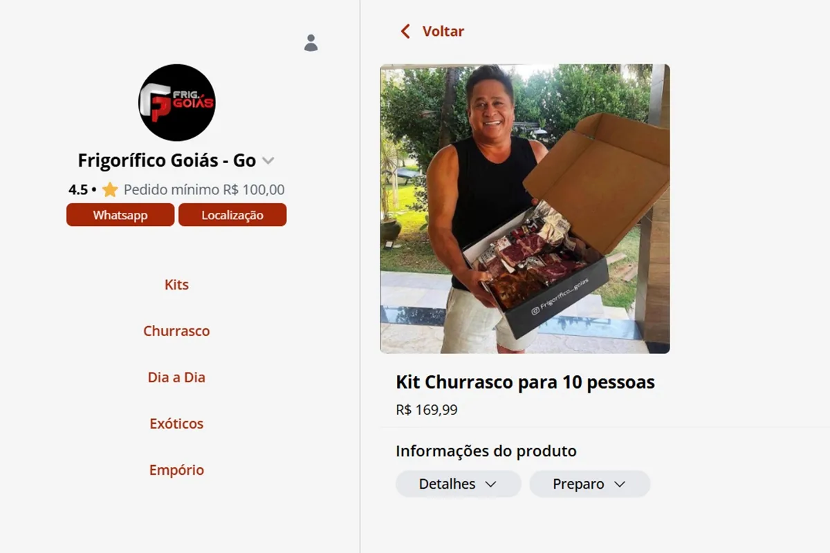 Frigorífico Goiás usando a imagem de Leonardo para vender kits de churrasco no site da empresa