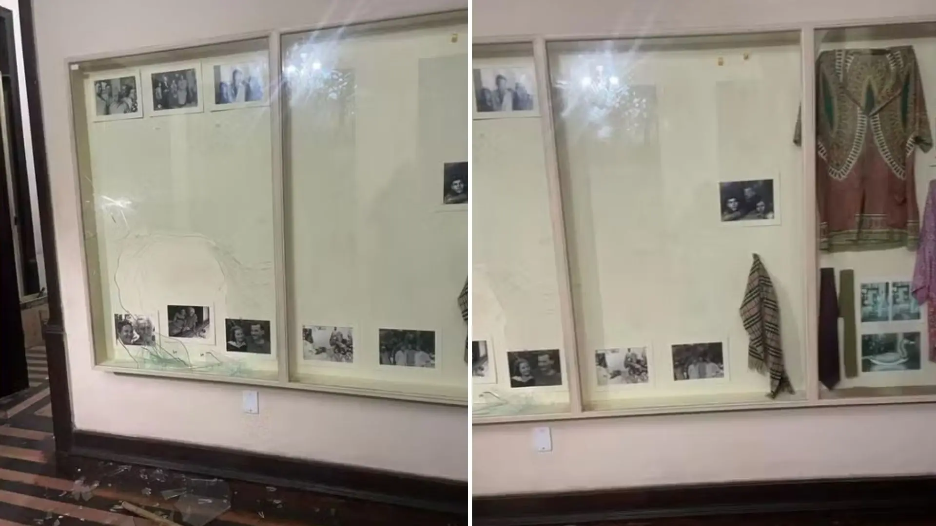 Imagem de um espaço com paredes decoradas, incluindo fotos e tecidos expostos em um ambiente de exposição.