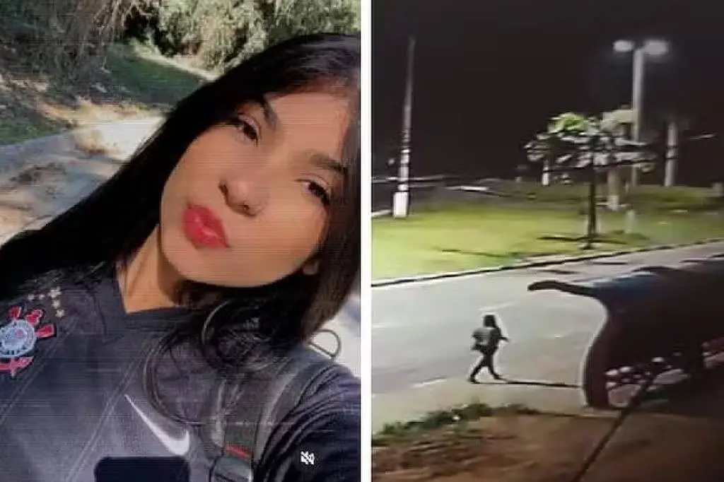 Na imagem, Vitória Regina em selfie publicada em suas redes sociais. Na outra imagem, uma reprodução de câmeras de segurança antes do seu desaparecimento no fim de fevereiro