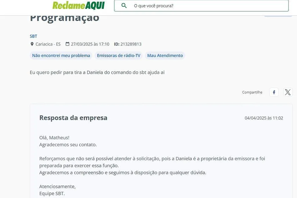 Telespectador registrou a reclamação na plataforma 