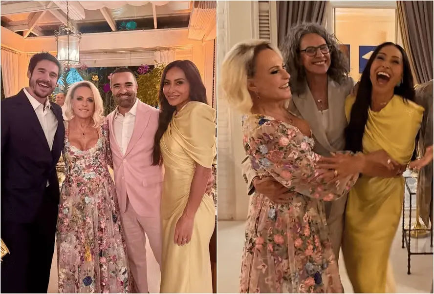 Em nova foto, vemos os bastidores do casamento de Ana Maria Braga, com o os convidados, como Sabrina Sato, ao lado do namorado, Nicolas Prattes e os noivos