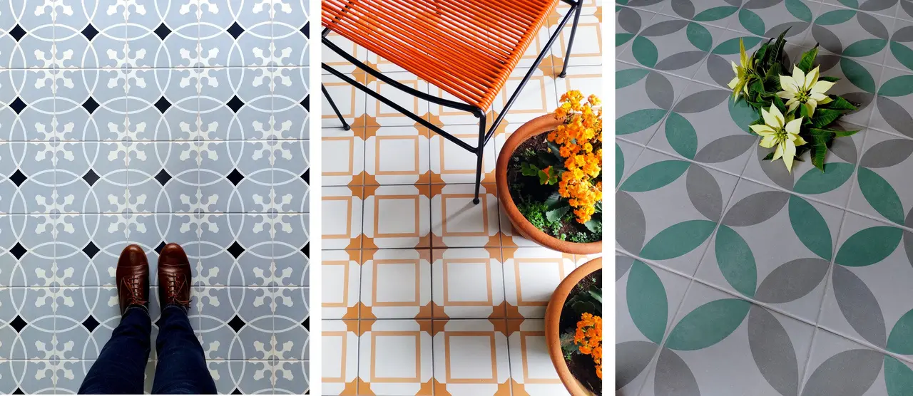 Revestimentos decorados da Cerâmica Atlas, que lembram ladrilhos hidráulicos e, também, fazem uma homenagem aos azulejos e pisos marroquinos