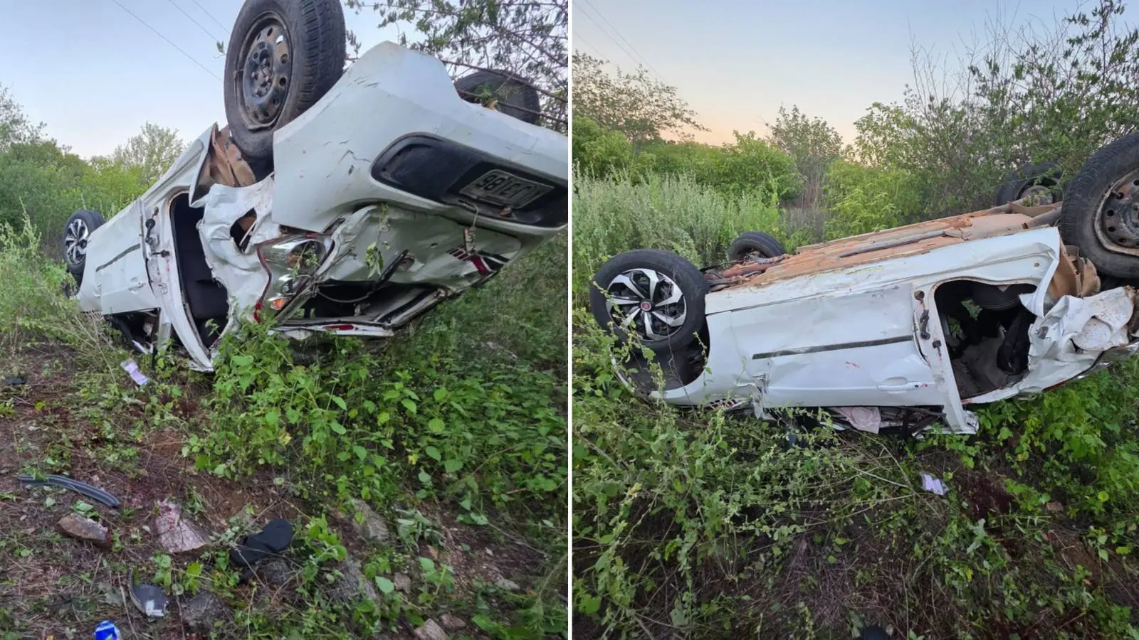 Colagem de duas imagens mostram carro capotado após acidente no Piauí que matou 3 jovens do Ceará que estavam a caminho de festa