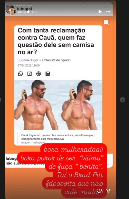 Imagem de um post no Instagram sobre Cauã Reymond, com críticas e reflexões sobre sua imagem sem camisa e comparações com Brad Pitt.