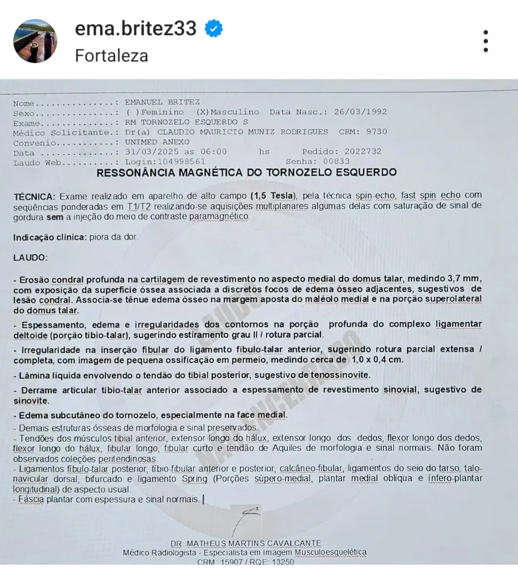 Jogador publicou um laudo sobre estado clínico