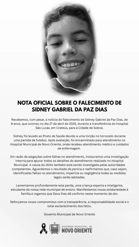 Prefeitura de Novo Oriente divulgou comunicado de falecimento de Sidney Gabriel