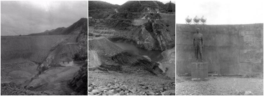 Montagem com três fotos antigas do local do açude orós