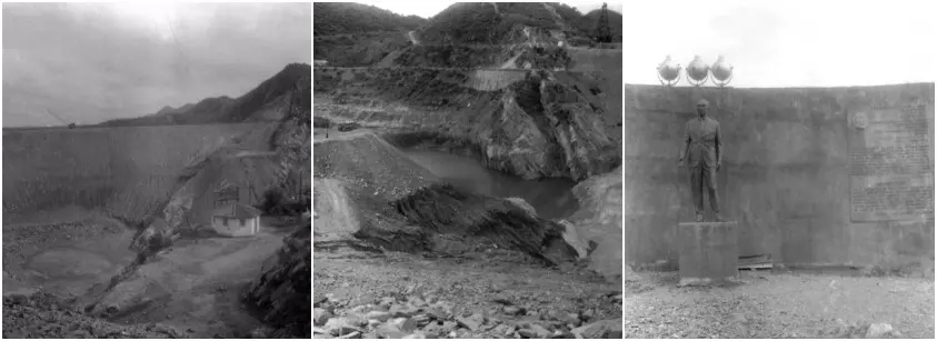 Montagem com três fotos antigas do local do açude orós