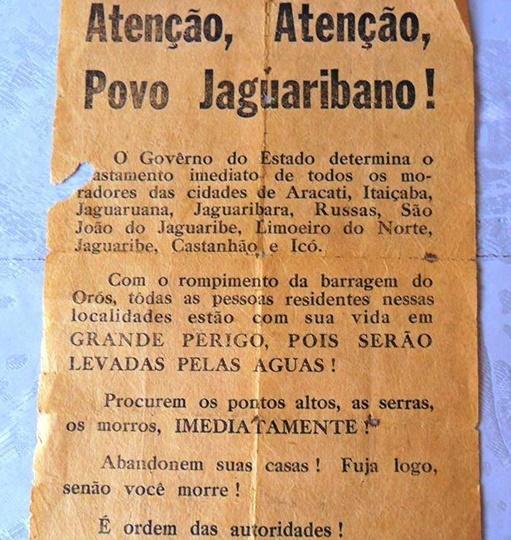 Panfleto distribuído para alertar a população sobre o rompimento de parte da parede do açude Orós