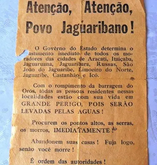 Panfleto distribuído para alertar a população sobre o rompimento de parte da parede do açude Orós