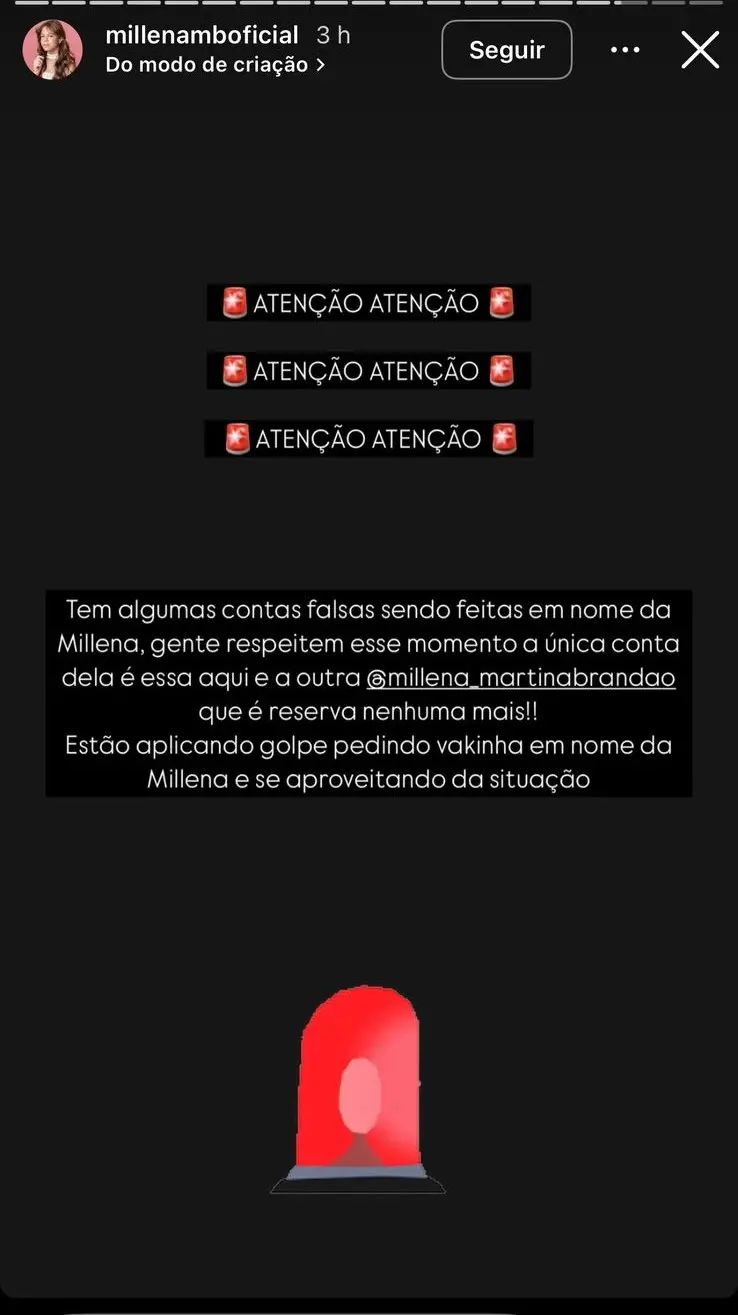 Captura de tela do pronunciamento da família de Millena Brandão no Instagram, sobre golpes aplicados no nome da atriz falecida