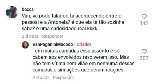 Imagem de comentário da mãe da influenciadora Liz Macedo no Tiktok
