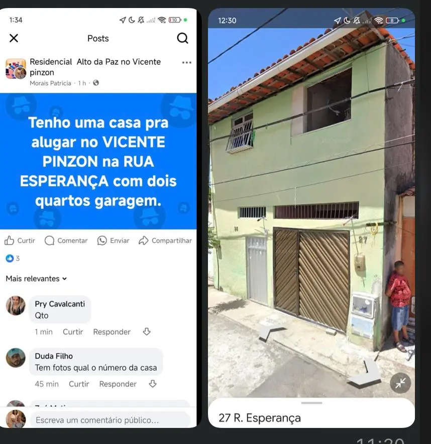 Print de anúncio falso colocando casa para alugar no bairro Vicente Pinzon, em Fortaleza