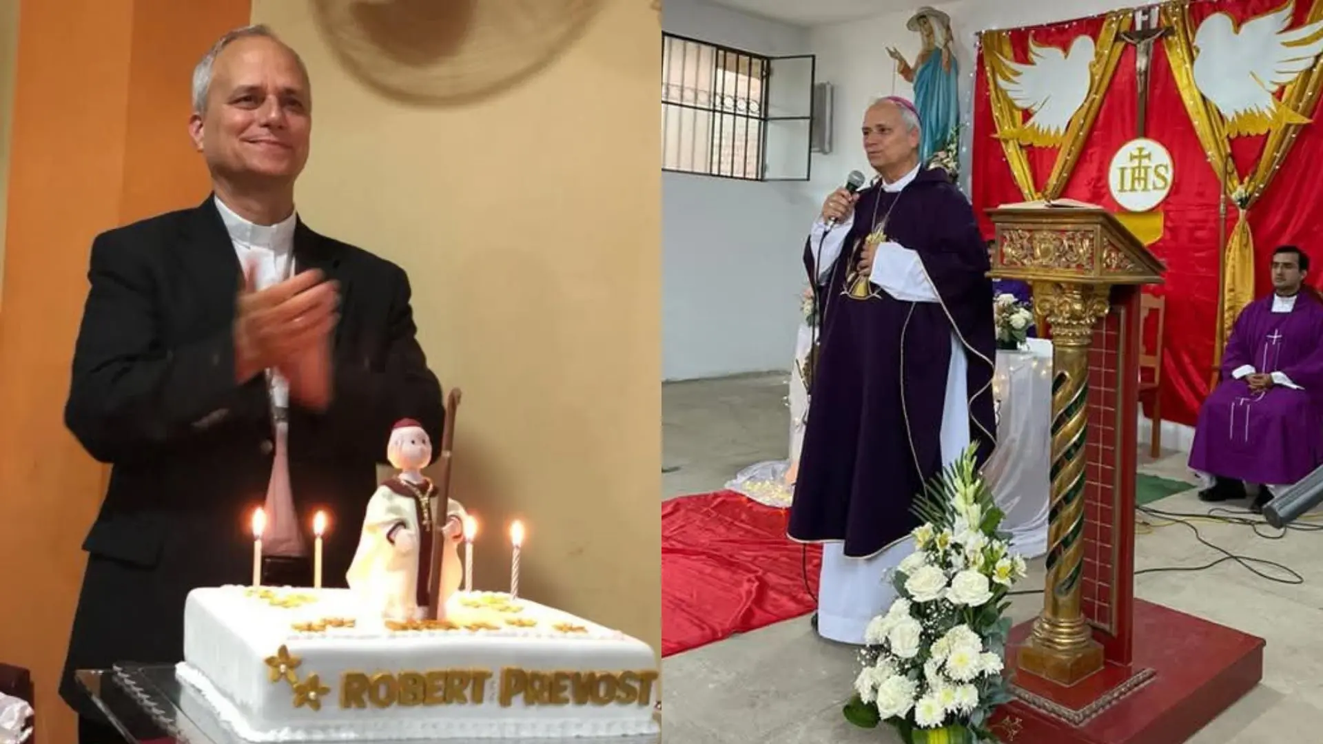 Imagem de Robert Prevost em um aniversário comemorativo e em um evento religioso, destacado em momentos de celebração e cerimônia.