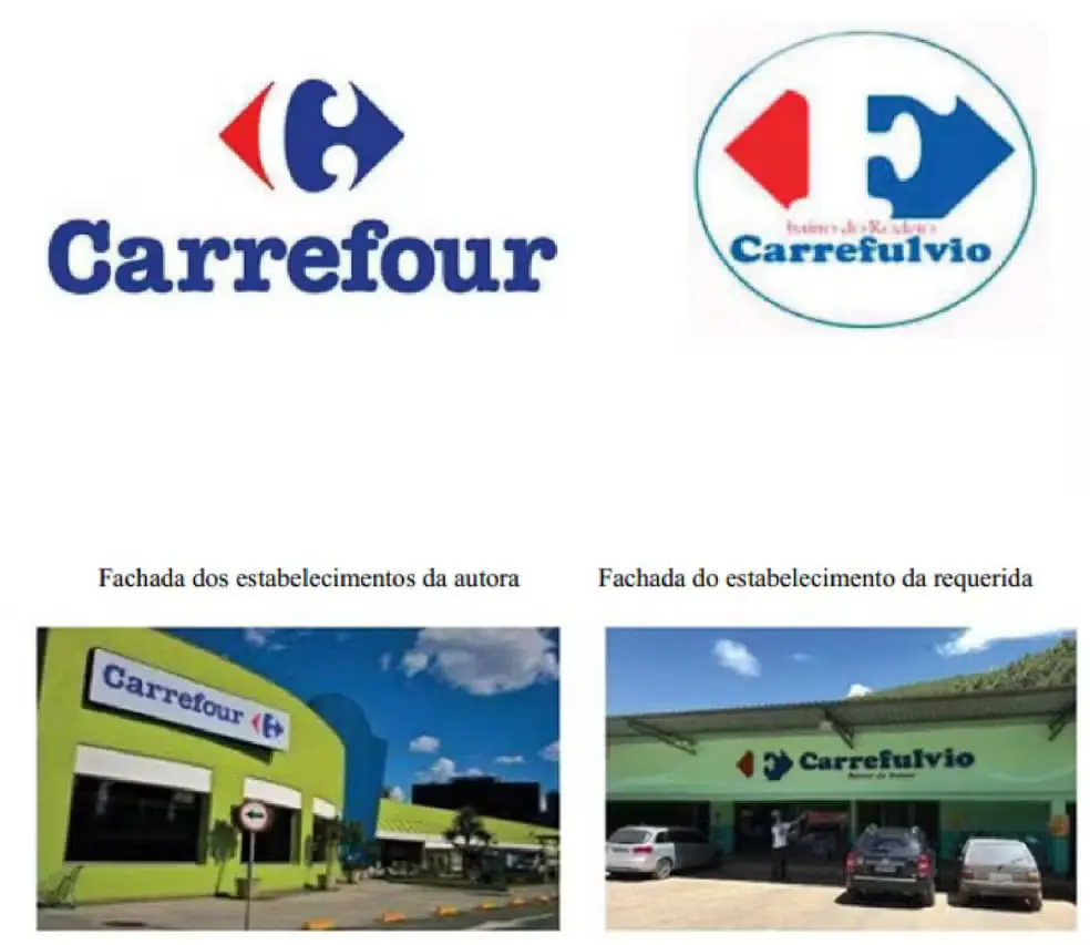 Fachadas de estabelecimentos com o nome Carrefour e Carrefulvio, destacando diferenças visuais e de identidade visual.