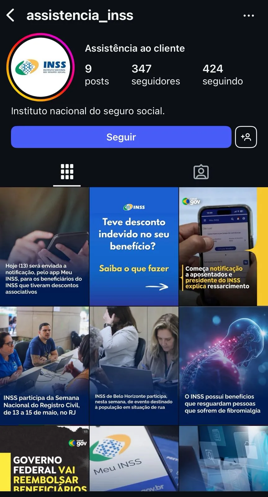 Perfil @assistencia_inss, no Instagram, faz postagens espelhadas dos canais oficiais do INSS