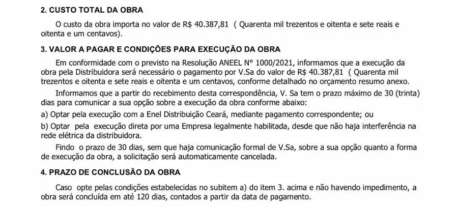 Documentação detalhando o custo total da obra de R$ 40.387,81, condições de pagamento e prazo de execução de 120 dias para matéria sobre fio se rompendo em campo e atletas sofrendo choque elétrico