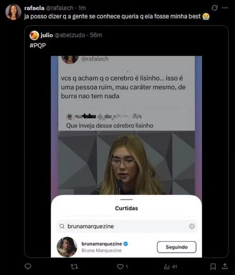 print do post de usuária do twitter em que bruna marquezine curte comentário polêmico sobre virginia fonseca