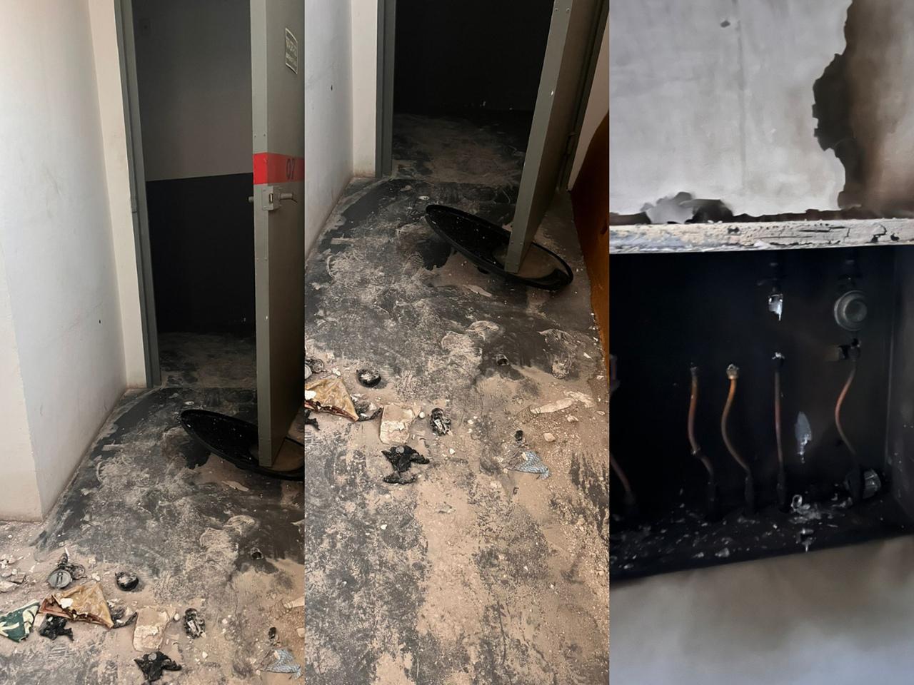 Montagem de fotos que mostra danos materiais em andar de prédio no bairro de Fátima, em Fortaleza