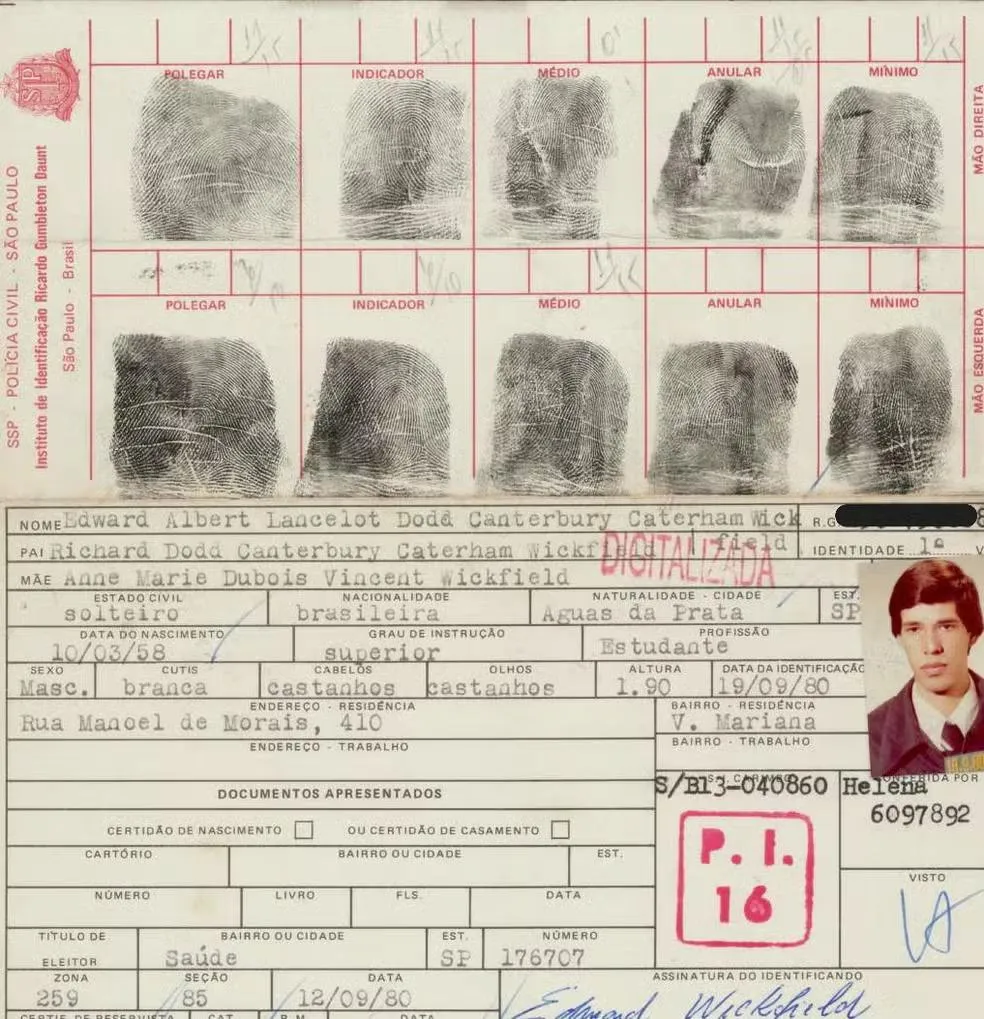 Ficha de identificação de Edward Albert Lancelot Dodd Canterbury Caterham Wickfield