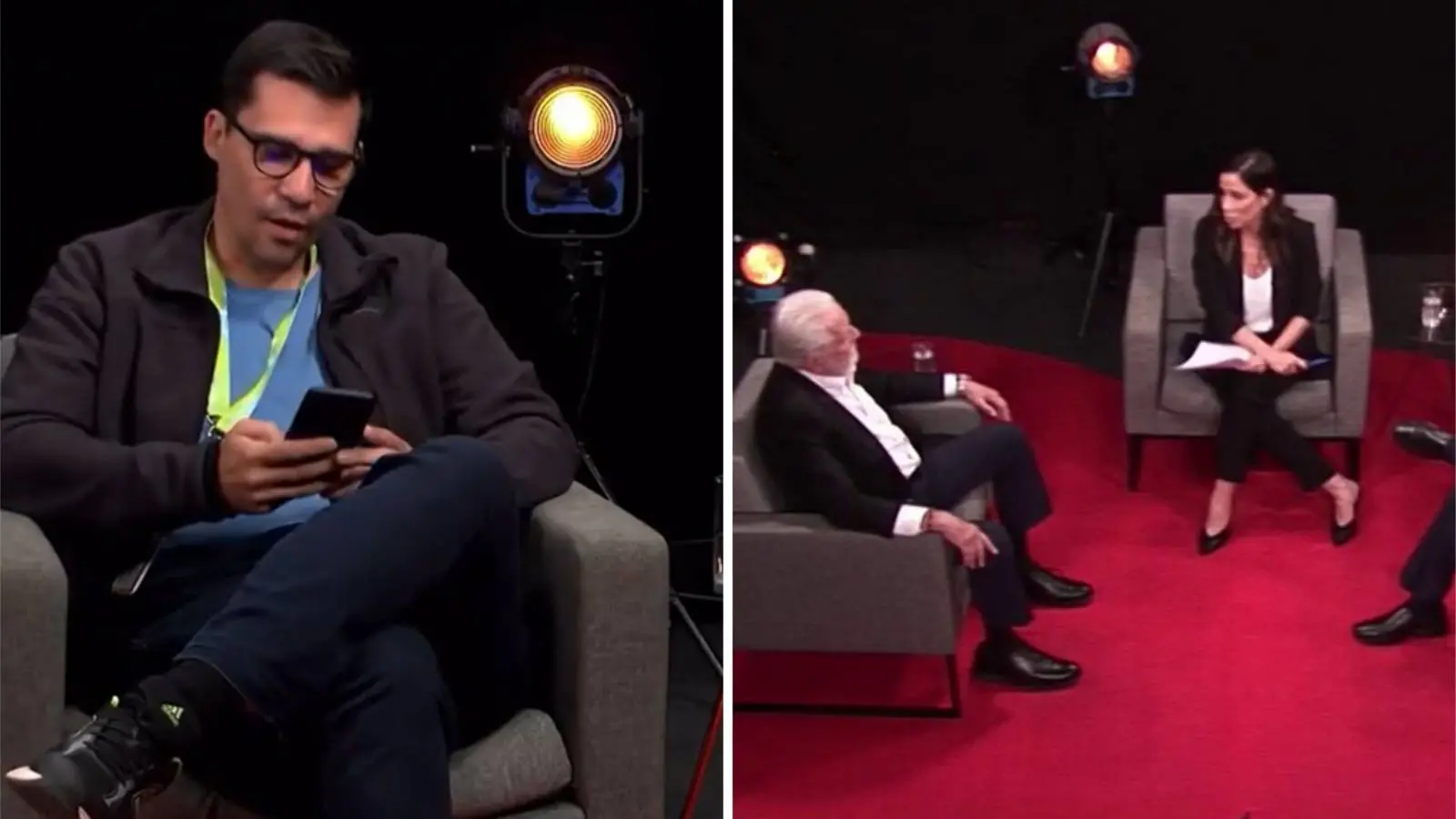 Colagem mostra, à esquerda, imagem que apareceu durante bug da novela Vale Tudo e, à direita, estúdio do programa GloboNews Debate