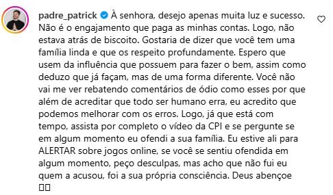 Captura de tela de um comentário no Instagram feito pelo padre Patrick