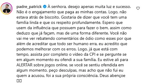 Captura de tela de um comentário no Instagram feito pelo padre Patrick