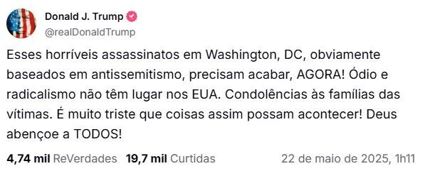 O pronunciamento na rede social foi o primeiro de Trump sobre o caso
