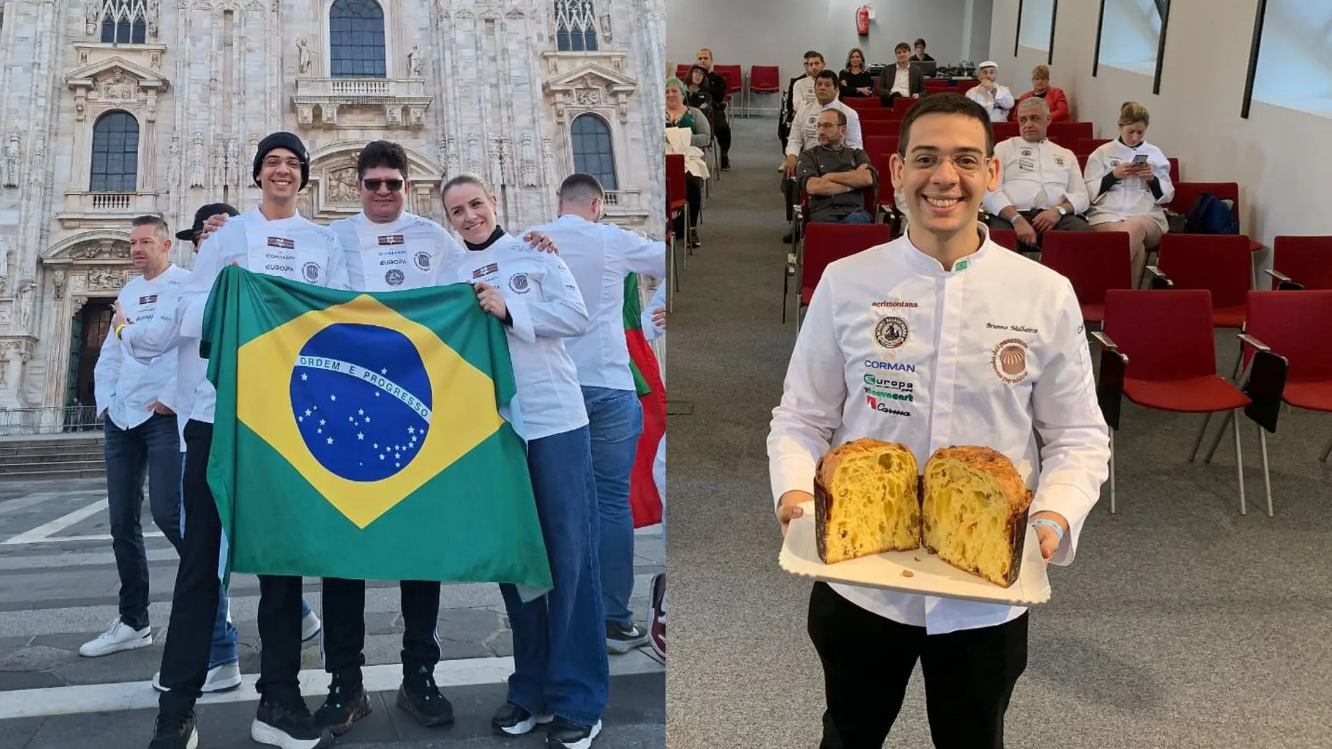 Grupo de estudantes em atividade cultural no exterior, com bandeira do Brasil e representando sua paixão pela culinária e cultura brasileira.