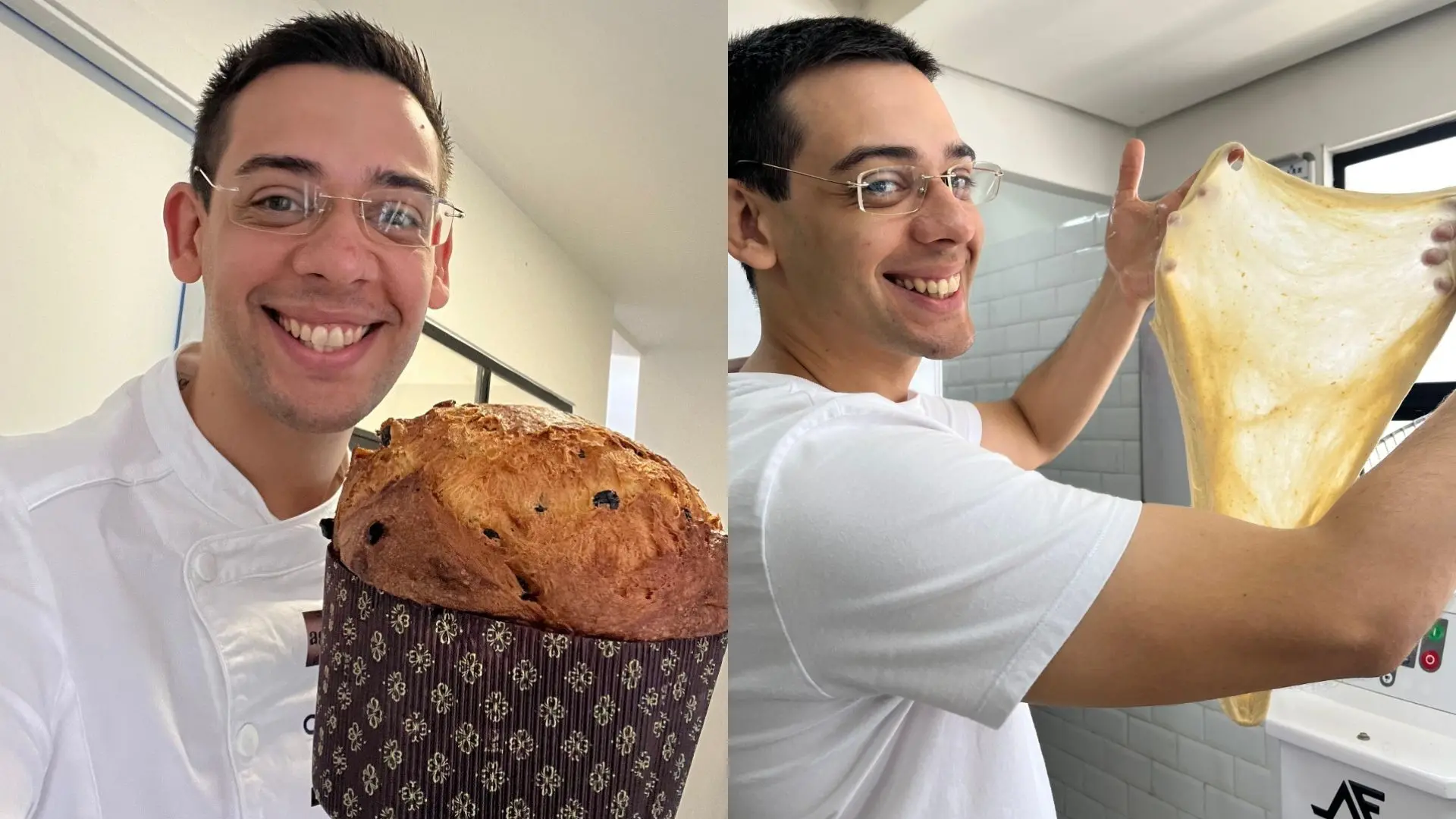 Brunno Malheiros sorridente segurando um panetone e, ao lado, ele mesmo brincando com massa de pão esticada, ambos em ambiente de cozinha, ilustrando o processo de fazer pão caseiro, símbolo de paixão por panificação artesanal.